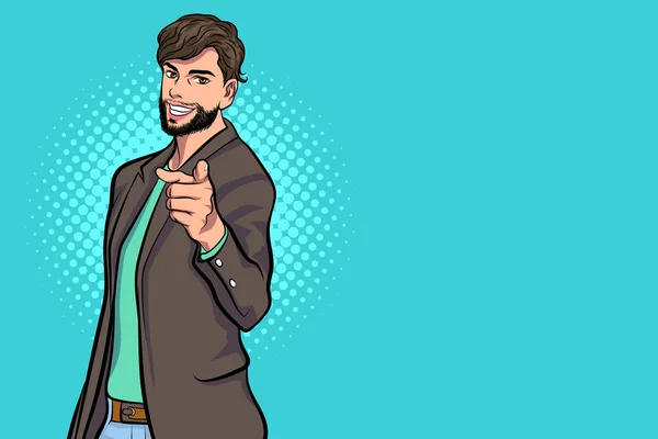 Jefe Hombre Negocios Barbudo Apuntando Pop Art Comics Estilo — Vector de stock