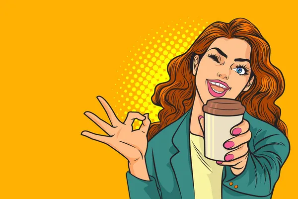 Business Woman Have Drink Coffee Okay Gesture Pop Art Képregény — Stock Vector