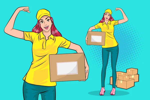 提着大包裹盒的送货妇女和强势动作片艺术漫画风格 — 图库矢量图片