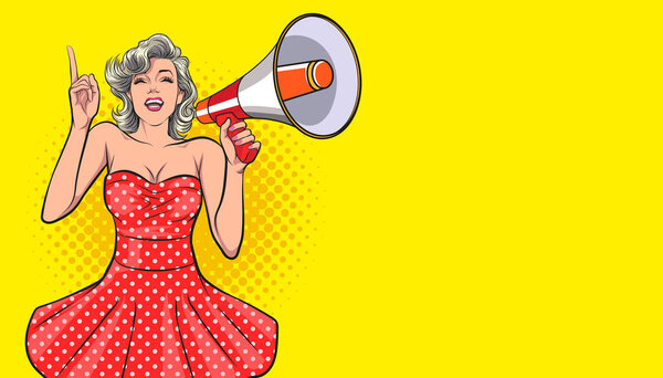 сексуальная женщина с мегафоном и говорящая в стиле поп-арта