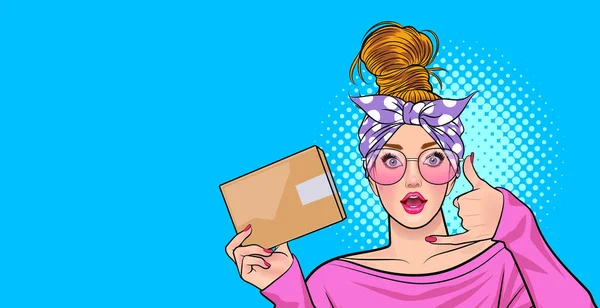 Gözlüklü Kadın Telefonla Çalışır Karton Pop Sanat Çizgi Romanları Tarzında — Stok Vektör