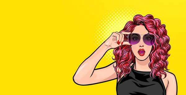 Mujer Sorprendida Gafas Look Wow Somthing Pop Art Style Pop — Vector de stock
