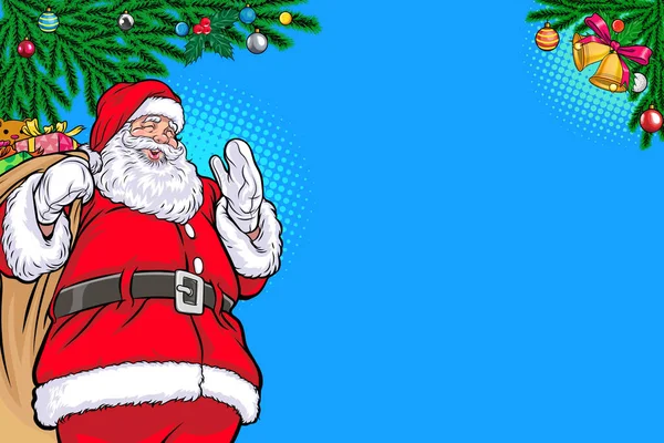 Weihnachten Santa Hält Geschenktüte Karte Vorlage Pop Art Comics Stil — Stockvektor