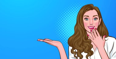 İş kadını, Retro Vintage Pop Art Comic Style 'da bir şey sunar ve elini dudaktan uzatır.