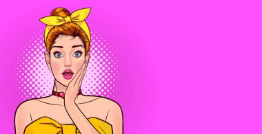 Şaşırmış ve ağzı açık bir kadın wow Retro Vintage Pop Art Comic Style