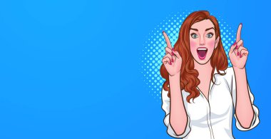 Şaşırtıcı kadın ellerini kaldırıp Retro Vintage Pop Art Comic Style 'a işaret etti.