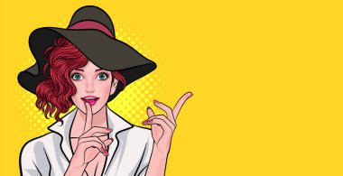 Büyük şapkalı, gülümseyen bir kadın elini dudaklarına koyar sanat çizgi romanları tarzında..
