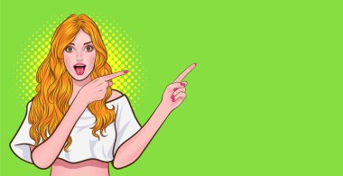 Şaşırtıcı kadın ellerini kaldırıp Retro Vintage Pop Art Comic Style 'a işaret etti.