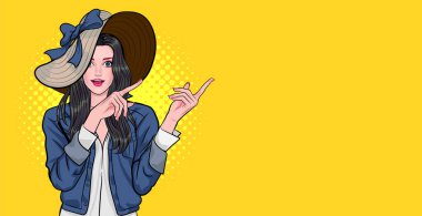 Büyük şapkalı, gülümseyen bir kadın. Elini havaya kaldırıp çizgi roman tarzında işaret ediyor..