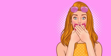 Şaşırmış kadın yüzünü... Retro Vintage Pop Art Comic Style 'da elleriyle kapattı.