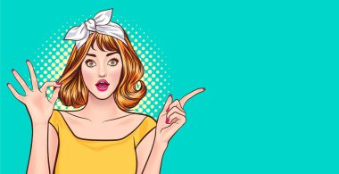 Şaşırmış bir kadın güzel bir jest ve noktalı çizgi roman tarzıyla bakıyor..