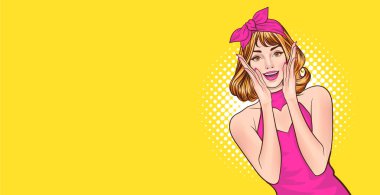 Pembe elbiseli kadın elleri ağızda sanat çizgi romanları tarzında..