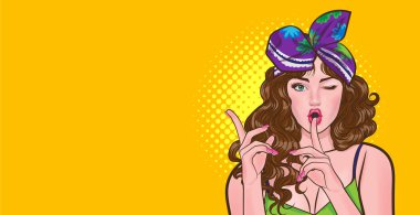 Kadın bakar ve parmağını dudaklara koyar sanat çizgi romanları tarzında.