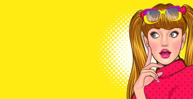 Genç bayan gözlükleriyle şaşırdı. Vay canına. Pop Art Comic Style gibi bir şey.