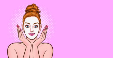 Genç kadın yüzünde nemlendirici maske Retro Vintage Pop Art Comic Style