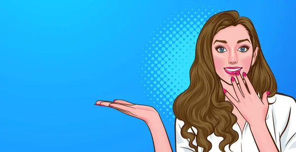 İş kadını, Retro Vintage Pop Art Comic Style 'da bir şey sunar ve elini dudaktan uzatır.