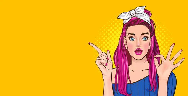 Hezká Žena Ukazováčkem Pořádku Gesto Pop Art Comic Styl — Stockový vektor