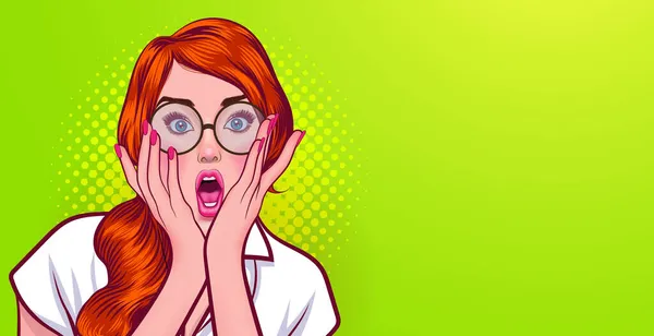 Mujer Sorprendida Gafas Boca Abierta Manos Las Mejillas Mira Wow — Vector de stock