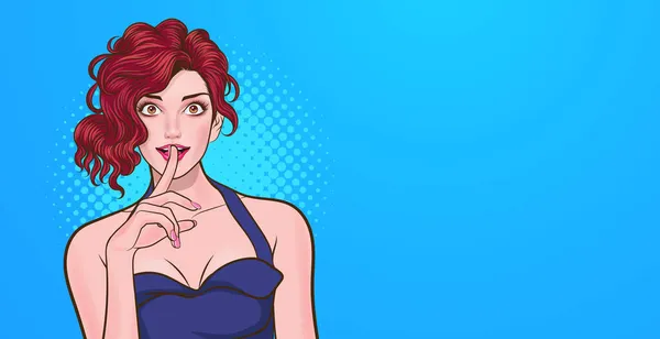 Glimlach Vrouw Met Vinger Lippen Stilte Gebaar Pop Art Comic — Stockvector