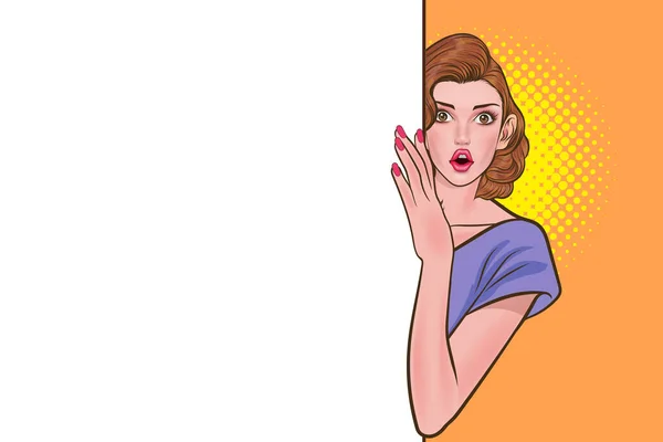 Sürpriz kadın beyaz bir panonun arkasına bakıyor Pop Art Comic Style