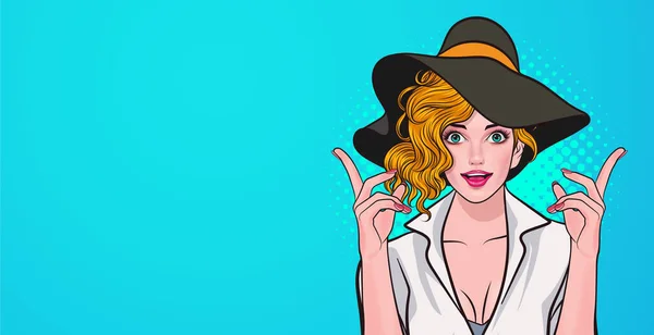 Mujer Sonriente Con Sombrero Grande Mirando Apuntando Hacia Arriba Estilo — Vector de stock