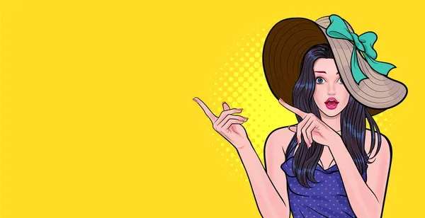 Mujer Sorprendida Con Gran Sombrero Mirando Apuntar Mano Espacio Pop — Vector de stock