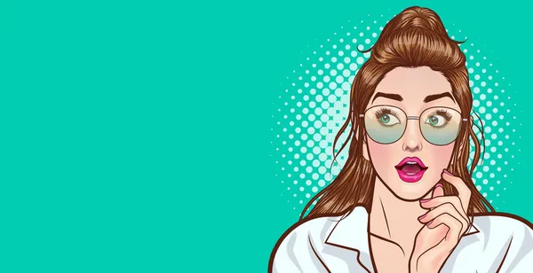 Sorprendida Mujer Joven Gafas Mirando Preguntándose Por Algo Estilo Retro — Vector de stock