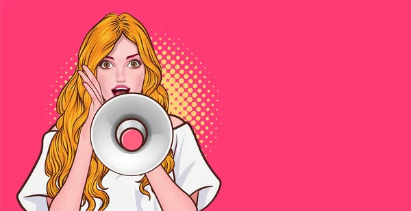 Wanita Mengumumkan Loudspeaker Sesuatu Dengan Megaphone Gaya Komik Seni Pop - Stok Vektor