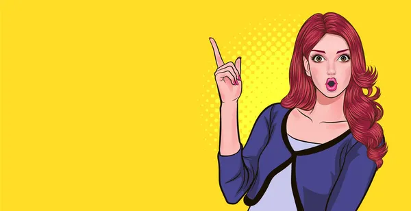 女性は手を指差す Tspace Pop Art Comics Style — ストックベクタ
