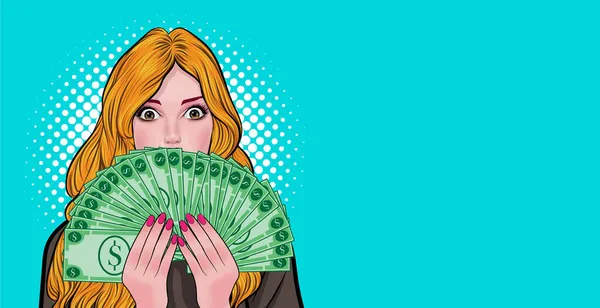 女性は驚きの顔すごい手にたくさんのお金を見るレトロヴィンテージポップアートコミックスタイルで — ストックベクタ