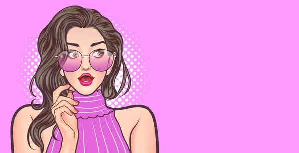 Mujer Preguntándose Gafas Buscando Algo Pop Art Comics Estilo — Vector de stock