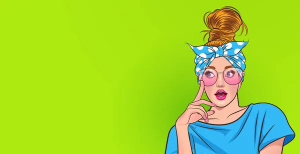Giovane Donna Occhiali Guardare Pensare Qualcosa Stile Pop Art Fumetti — Vettoriale Stock