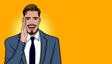 İş adamı el ele tutuşup Pop Art Comic Style diye bağırıyor.