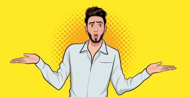 Elleri ve kolları havada, kafası karışmış bir adam. Pop Art Comic Style 'da şüpheli bir kavram