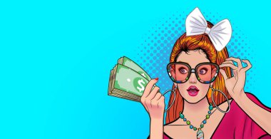 Güzel bir kadın gözlükleriyle şaşırdı. Retro Vintage Pop Art Comic Style gibi bir şey.