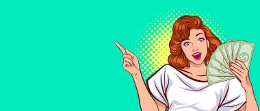 Gülümseyen Kadın Parmakla Gösteriyor Sarı Arka planda Retro stili pop sanat retro çizgi stili