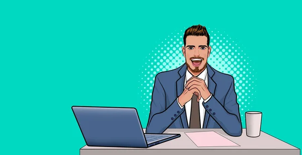 Smiling Bearded Businessman Sitting Table Laptop Pop Art Comic Style — Stock Vector