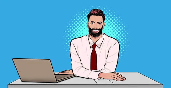 Glimlachende Bebaarde Zakenman Zittend Met Laptop Pop Art Comic Style — Stockvector