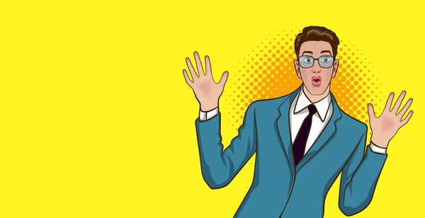Wondering Businessman Raise Hand Empty Space Pop Art Comic Style — Stock Vector