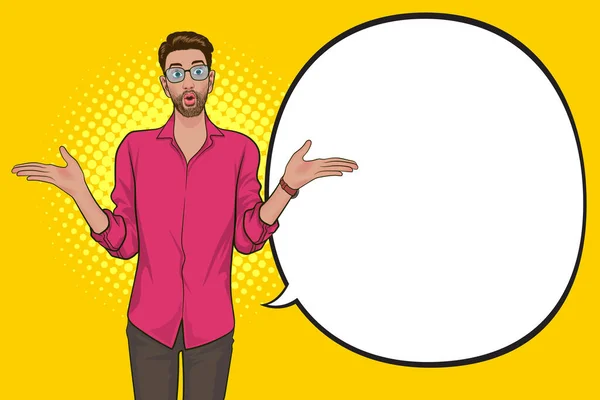 Şaşırmış Gözlüklü Adam Sürpriz Bir Jest Yapıyor Balonlu Konuşma Pop — Stok Vektör