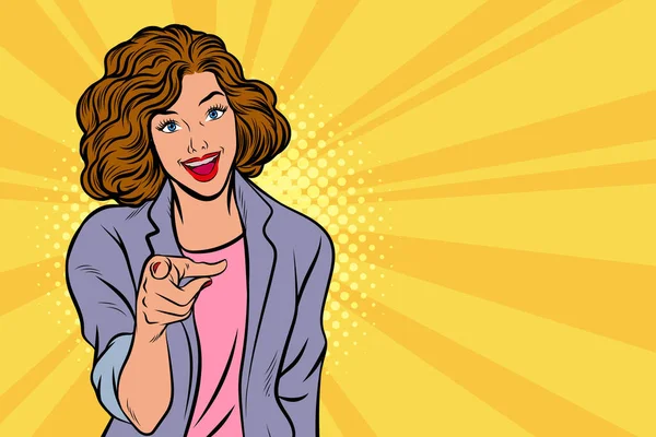 Gesture Business Woman Smile Pointing Finger You Pop Art Comics — Stock Vector