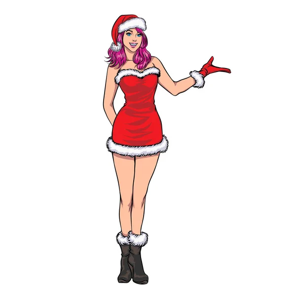 Santa Femme Stand Gestes Présentant Pop Art Comic Style — Image vectorielle