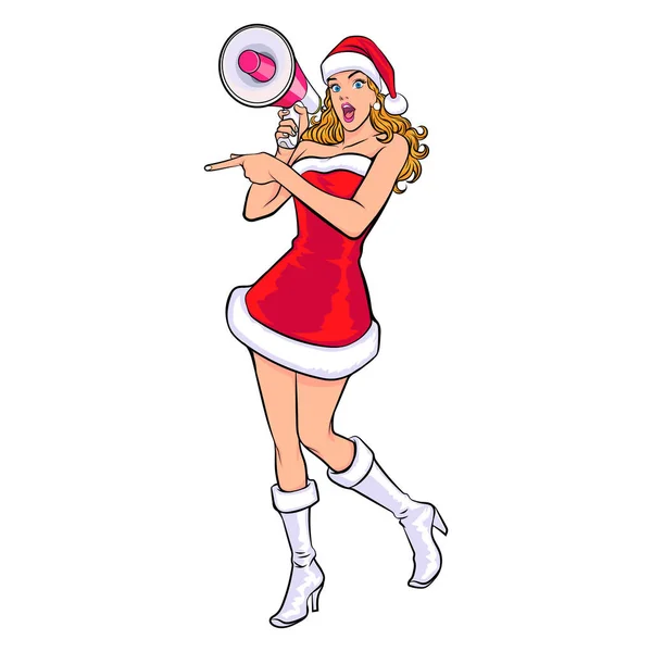 Santa Mulher Wow Segurando Megafone Para Anunciar Pop Art Comic — Vetor de Stock