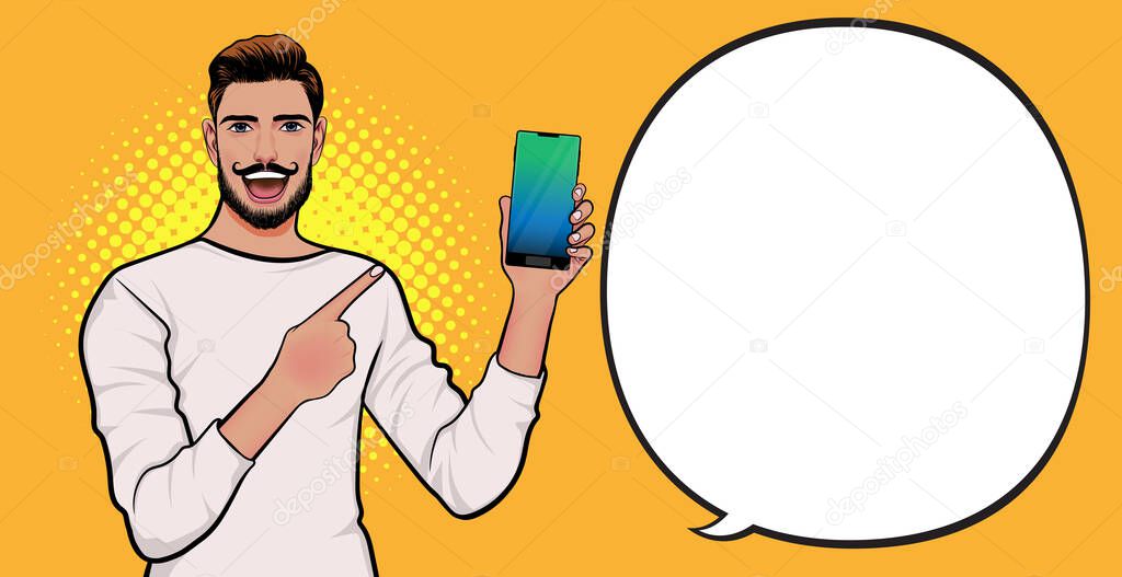  Smiling bearded man holding smartphone presenting with speech bubble Pop Art Comic Style