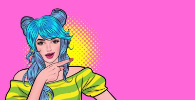 Güzel bir kadın elini Pop Art Comic Style 'da bir şeye doğrultarak şaşırdı.