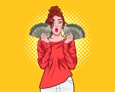Şaşırmış bir kadın ve şok edici ve Pop Art Comic Style 'da elinde çok para var.