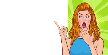 Şaşırmış genç bir kadın Retro Vintage Pop Art Comic Style 'da beyaz alana bakar ve onu işaret eder