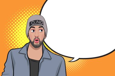 Yün şapkalı genç adam baloncuklu pop sanat çizgi romanları tarzında konuşma arıyor.