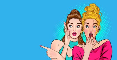 Genç kadın dedikodu mu yapıyor yoksa arkadaşına gizli bir şey mi? Pop Art Comic Style 'ı duyunca şok oldu.