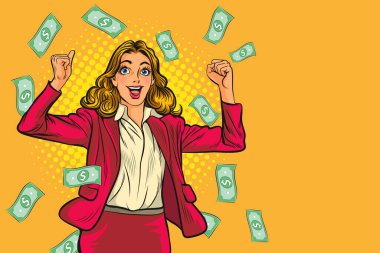 Para kazanan mutlu bir iş kadını. Finansal kazanç, Pop Art Comic Style.